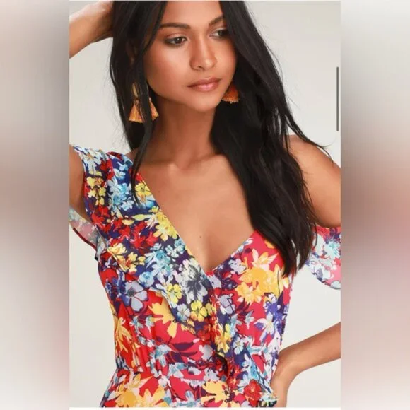 Lulus Radiant Ruby Red Floral Print Chiffon Maxi Dress Size L Worn Once - Picture 3 of 14